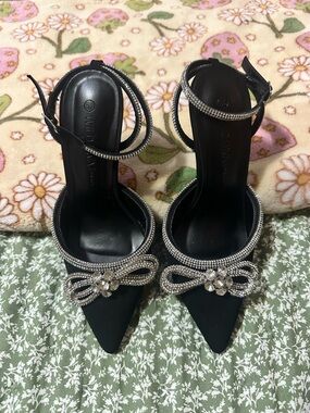 Wild Diva Black Embellished Pointed Toe Ankle Strap Heels